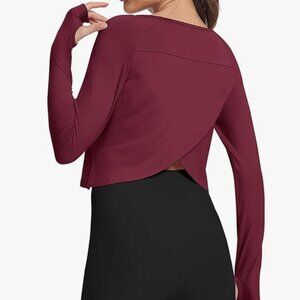 Bestisun Long Sleeve Athletic Shirts Yoga Gym Crop Tops for Women XL Wine Red